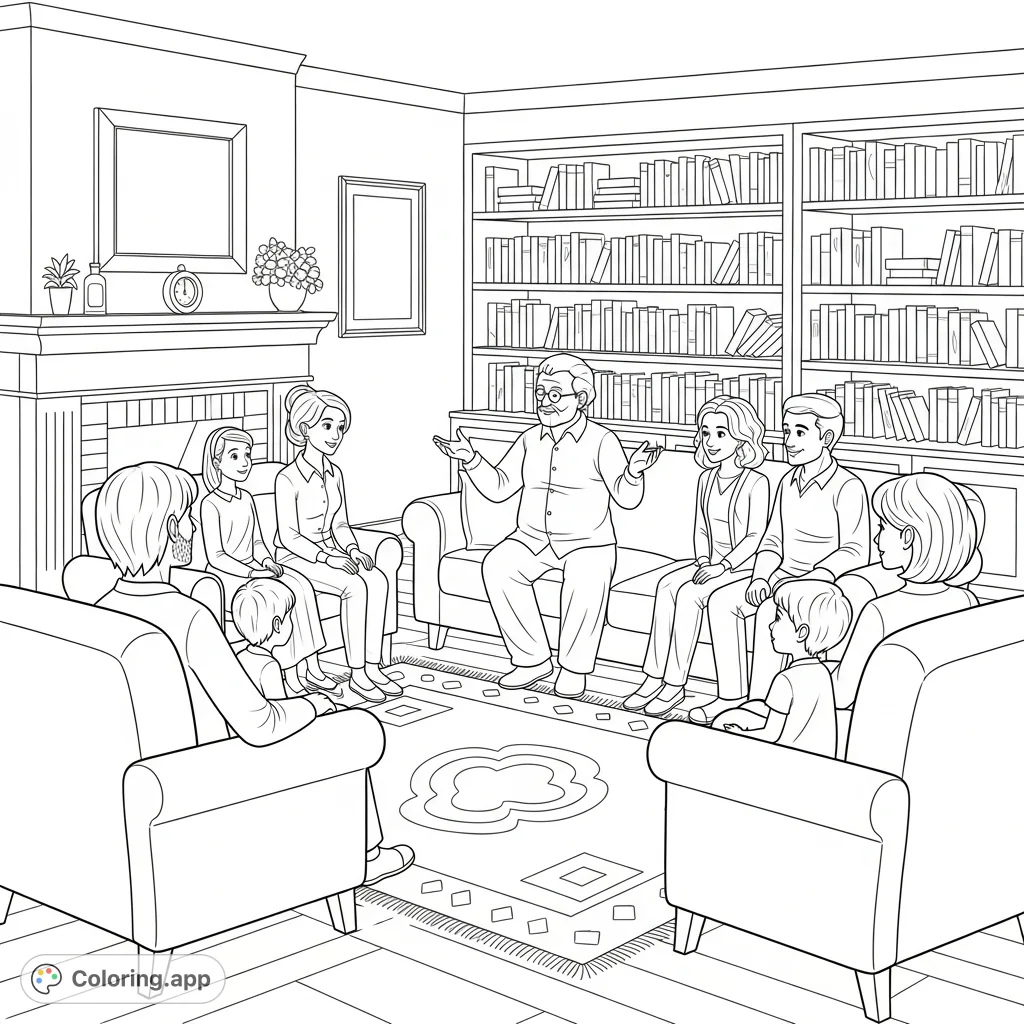 Gather with loved ones in this heartwarming family storytelling coloring page. Features a cozy living room, engaged family members, and intricate details perfect for all ages.