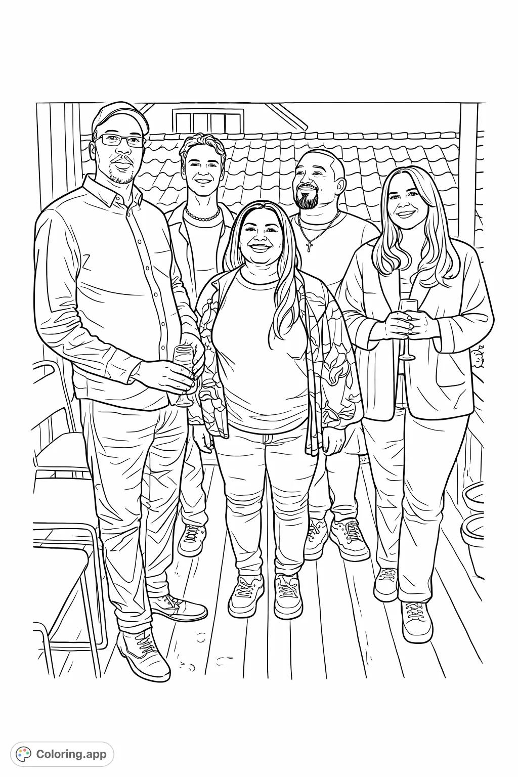 A joyful group of friends smiling together on a deck. Features diverse individuals and a cozy outdoor setting, perfect for a fun coloring experience.
