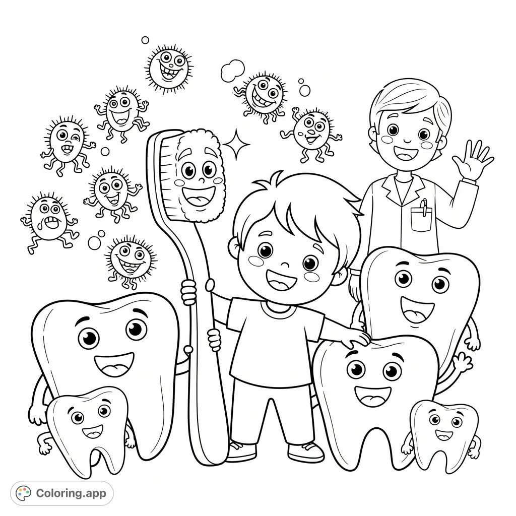 Join a happy child, a friendly toothbrush, and smiling teeth in a delightful dental adventure. Fun microbes flee a gentle dentist. A joyful coloring experience!