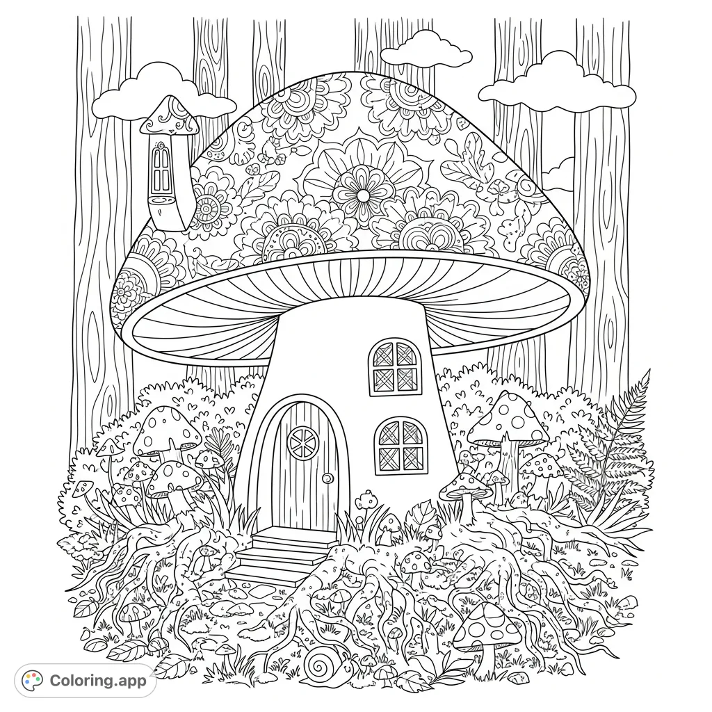 An enchanting mushroom house adorned with intricate mandala patterns, nestled within a detailed forest scene. Perfect for advanced colorists seeking a captivating challenge.