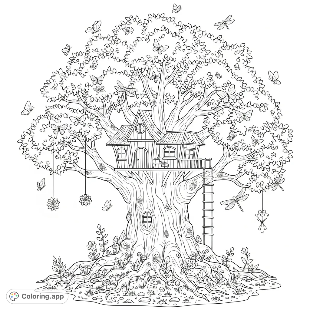 Explore an enchanting mystical forest featuring an ancient tree with a whimsical tree house, surrounded by delicate butterflies and graceful dragonflies.