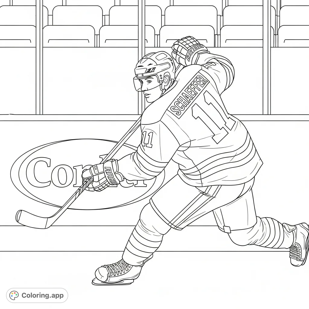 An action-packed hockey player in full uniform, featuring name 'Schaeffer' and number '11', set against arena boards and faint spectator seating.