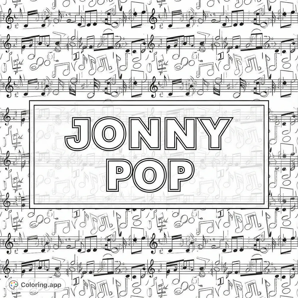 A dynamic music notes coloring page with an intricate piano notes background and "JONNY POP" text, offering a creative canvas for music enthusiasts.