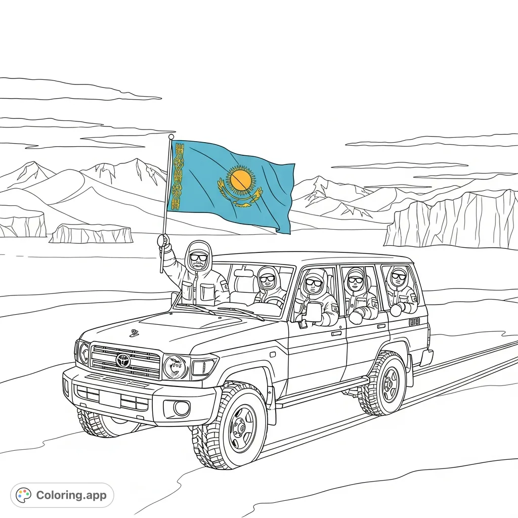An adventurous group from Kazakhstan explores the Antarctic in a rugged Toyota, proudly displaying their national flag. A unique and exciting journey through icy wilderness.