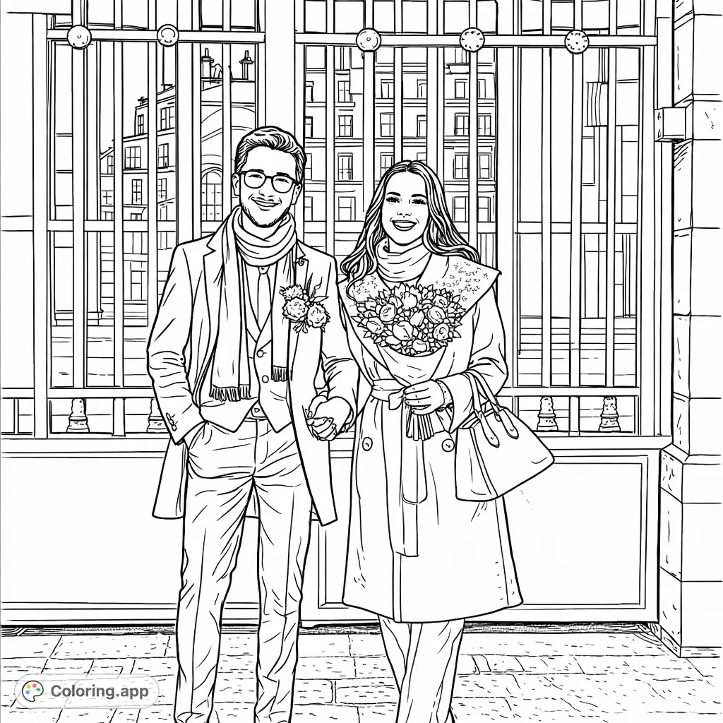 Capture a celebratory moment with this delightful coloring page featuring a happy couple in elegant attire, standing before grand ornate doors. Perfect for personalizing!