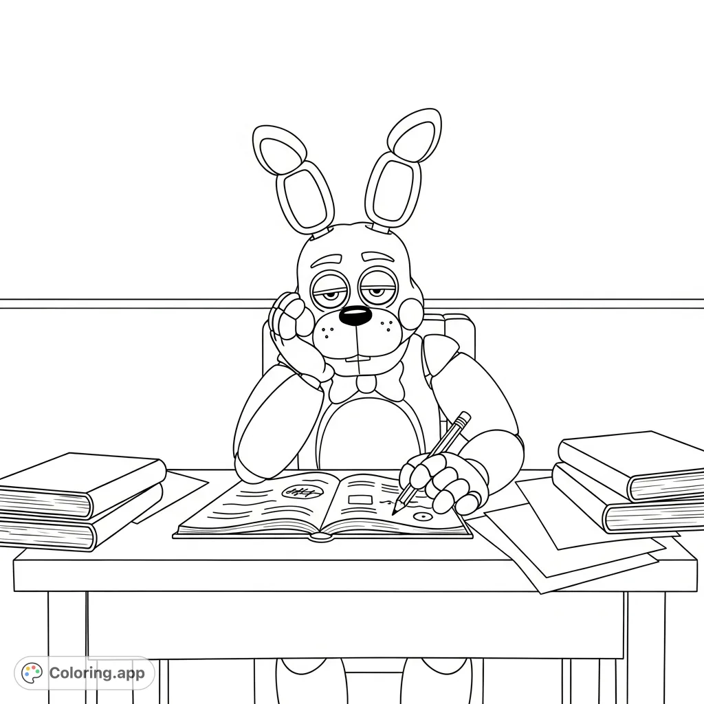 Bonnie from Five Nights at Freddy's looks utterly bored doing homework at his desk, surrounded by books and papers. A relatable and fun FNAF coloring page.