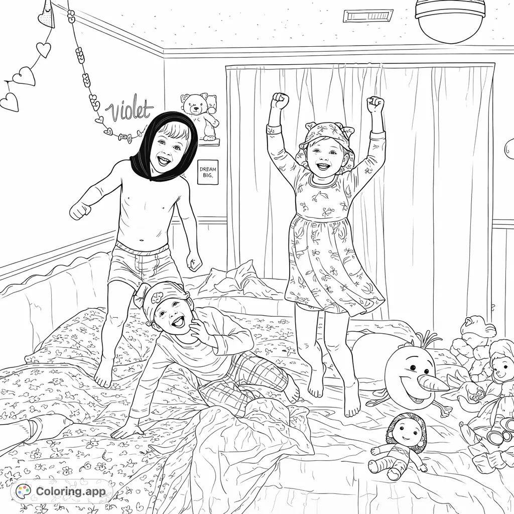 Three children jump and play energetically on a bed surrounded by toys and whimsical decor. A lively scene perfect for a fun coloring page experience.