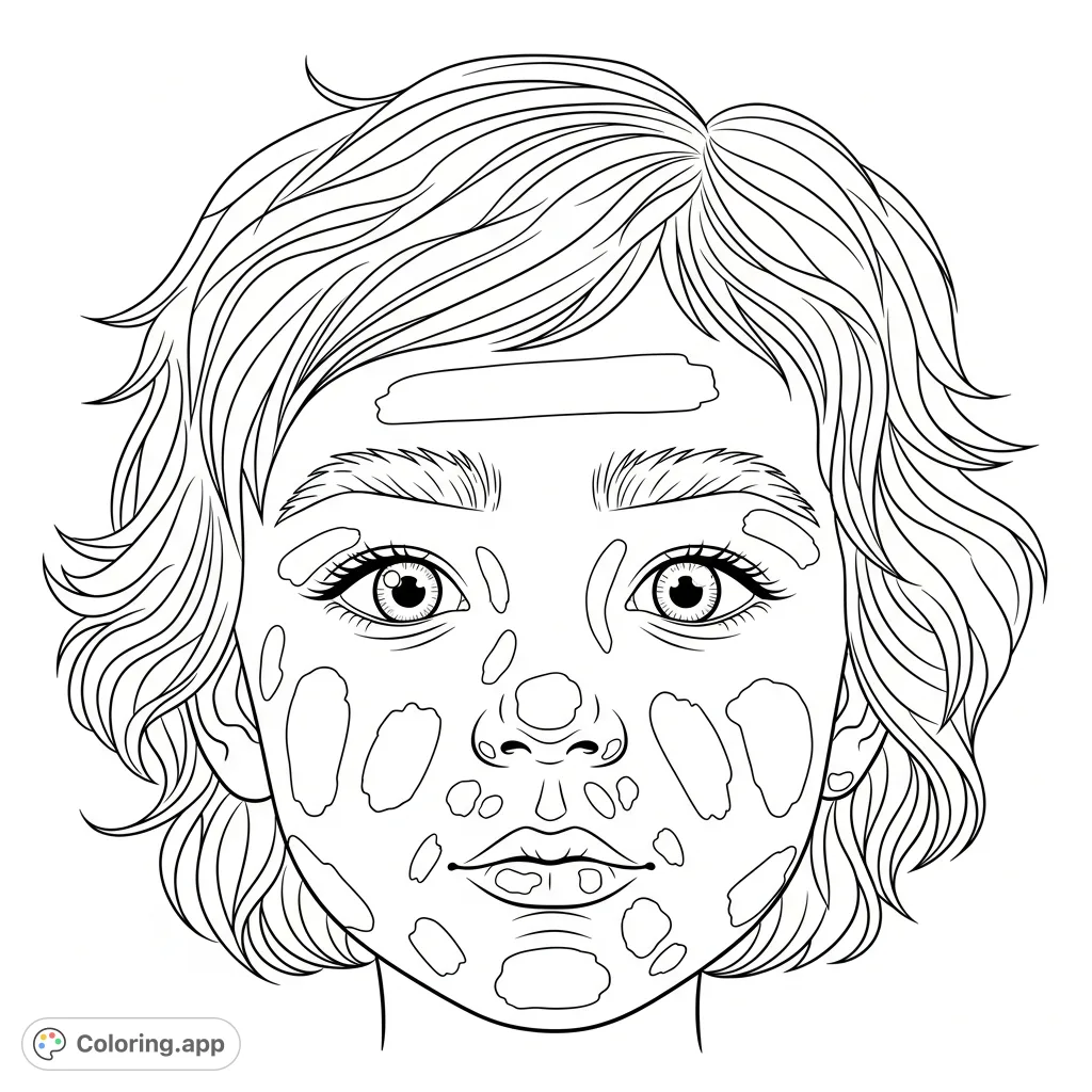 A charming close-up of a child's face with wide eyes, abundant wavy hair, exaggerated brows, and whimsical smudged markings for creative coloring.