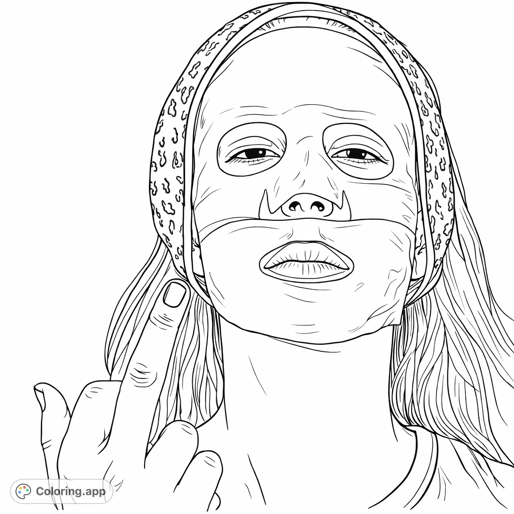 Unwind with this unique skincare routine coloring page featuring a person in a sheet mask giving a defiant gesture. A fun, free printable coloring page for adults.