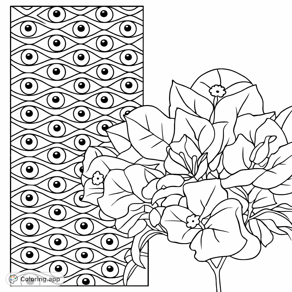 A captivating coloring page featuring an intricate pattern of mystic eye motifs interwoven with blooming flowers, offering a unique blend of geometric and organic forms.