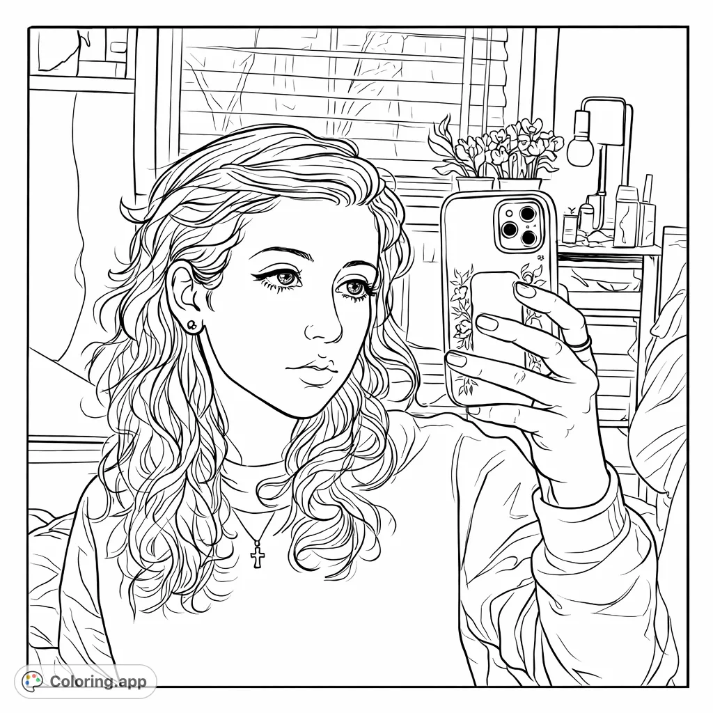 A young person captures a casual mirror selfie, featuring wavy hair, a comfortable sweatshirt, and unique accessories in a detailed room setting.
