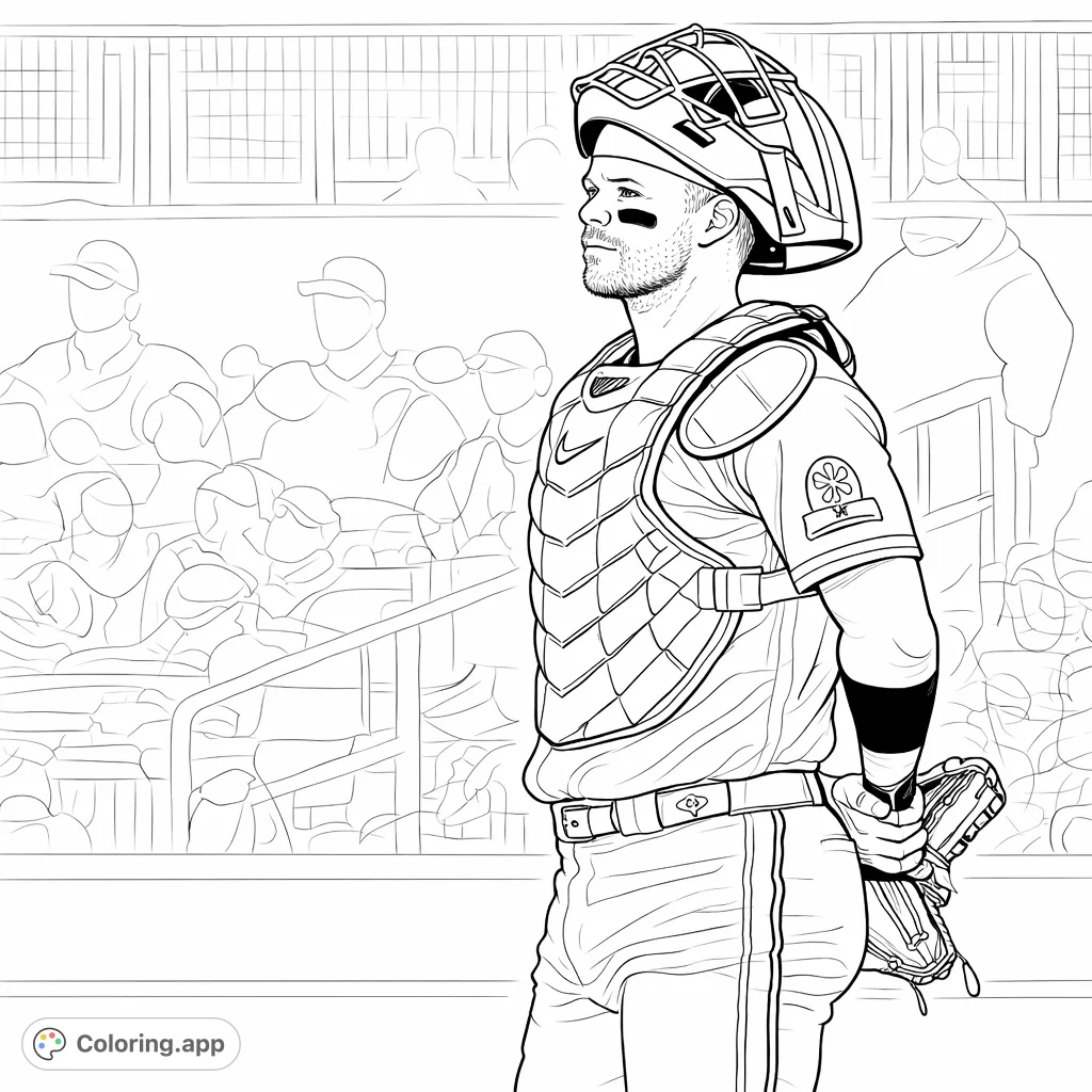 Capture the intense focus of a baseball catcher in full gear. This sports-themed coloring page features a detailed uniform and equipment.