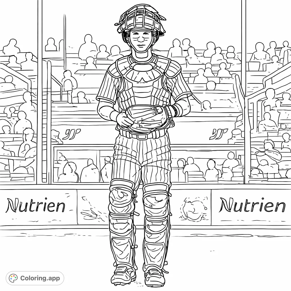 Step up to the plate with this baseball catcher coloring page. Detail the protective gear, striped uniform, and stadium backdrop.