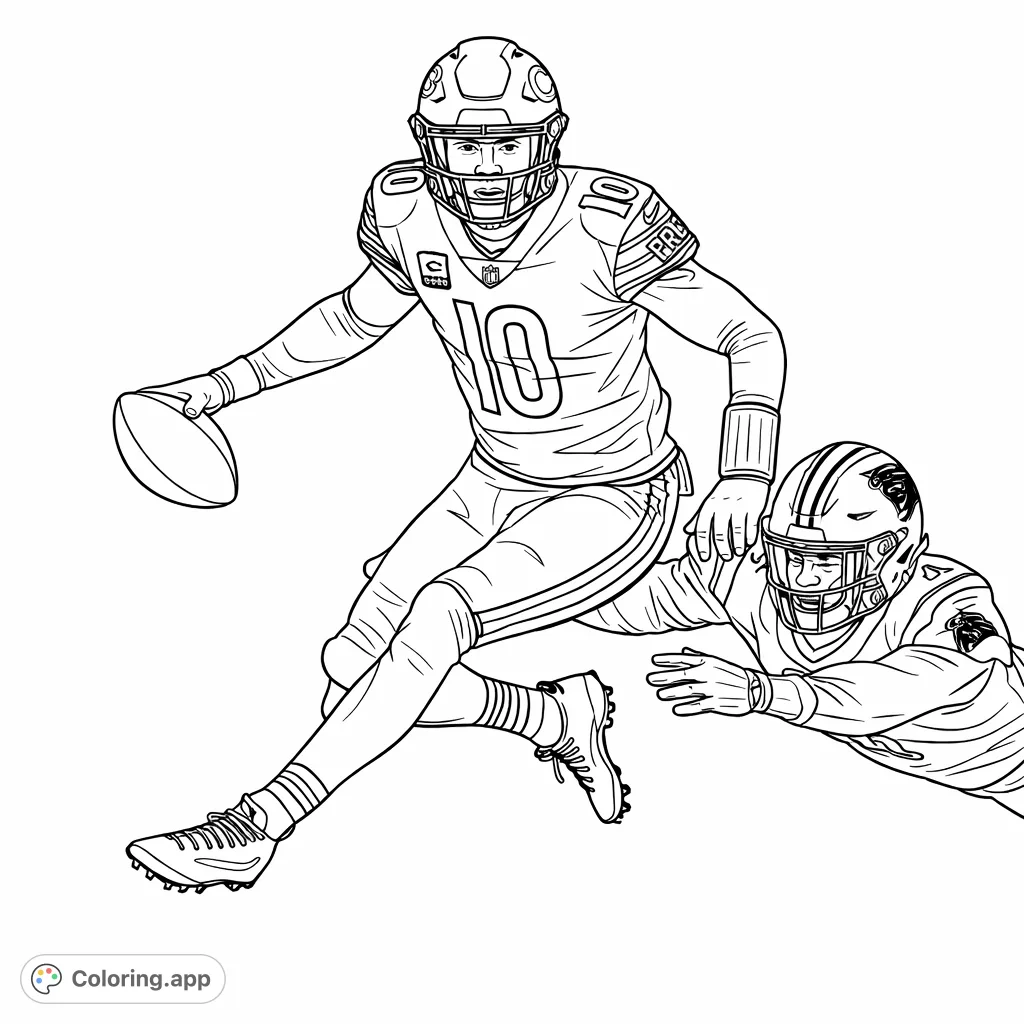 Experience the thrill of a football game with this action-packed coloring page. A player races with the ball while a defender attempts a tackle.
