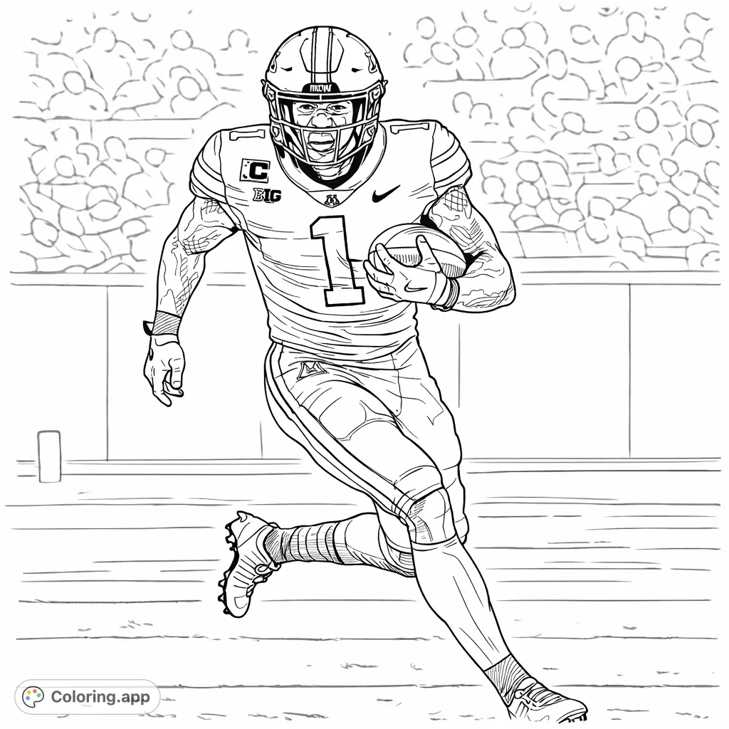 Capture the excitement of a football player in action with this dynamic coloring page, featuring a detailed uniform and a stadium background.