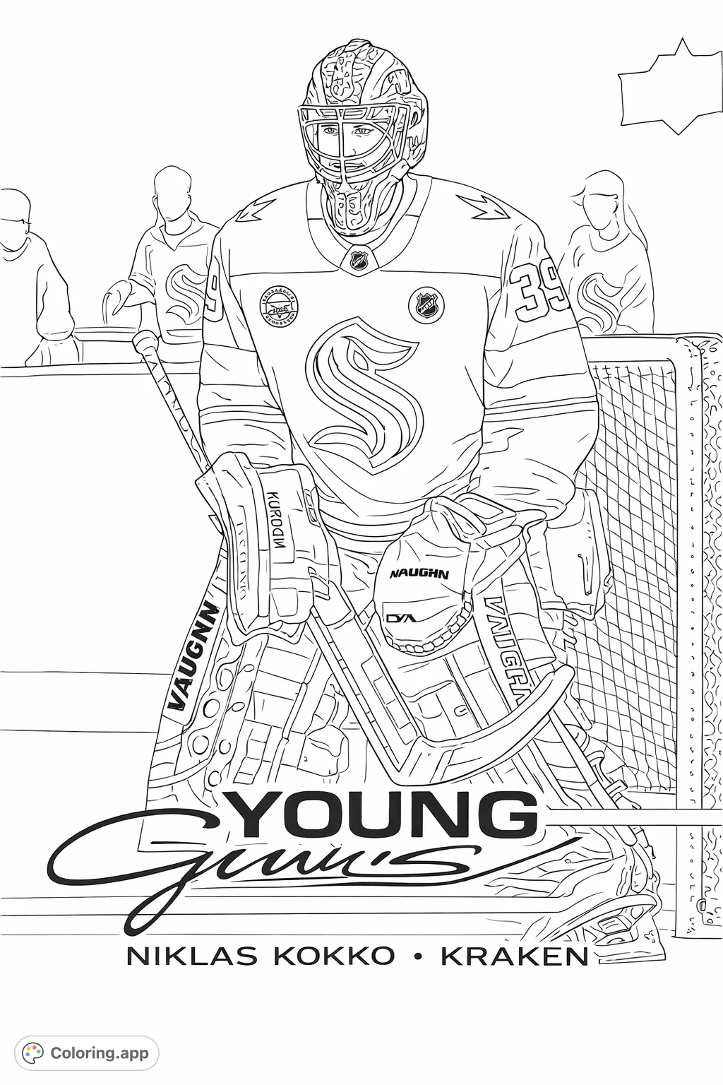 Color an intense hockey goalie in full gear, ready to defend the net. Features a detailed helmet, jersey, and pads, with a blurred arena background.