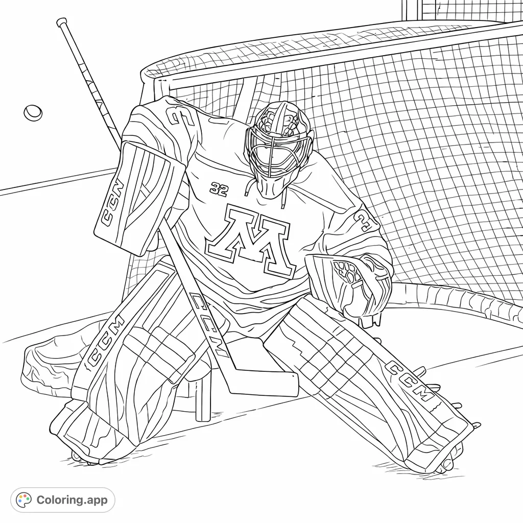 Dynamic hockey goalie in full gear guarding the net, with a puck in motion. Perfect for sports fans and aspiring athletes.