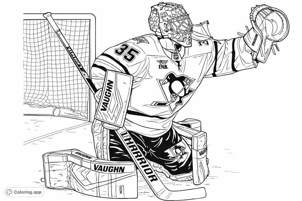 Dynamic hockey goalie poised to block a shot, showcasing detailed gear and intense focus on the ice. Perfect for sports fans.