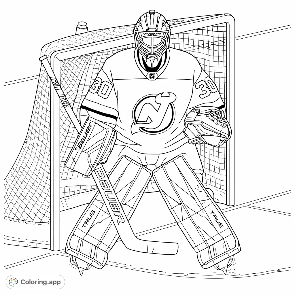 Dynamic hockey goalie stands guard in front of the net, fully geared and ready for action. Perfect for sports fans.