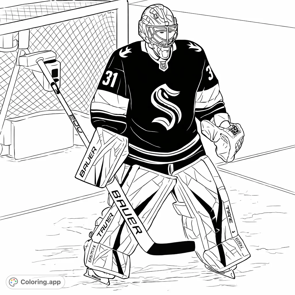 A detailed hockey goalie stands in the net, fully geared up, ready for action. Perfect for sports fans to color with team spirit!