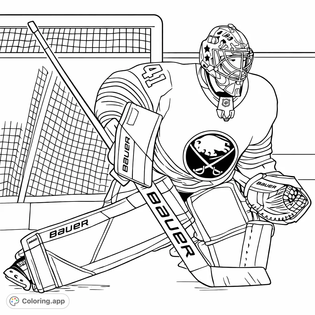An action-packed hockey goalie coloring page, perfect for sports enthusiasts. Features detailed equipment, a team logo, and a goal net.