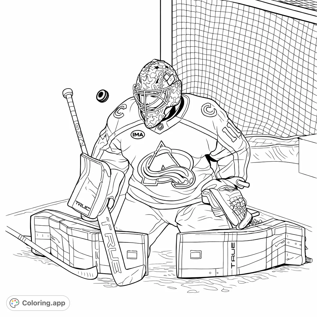 Action-packed hockey goalie coloring page capturing a dramatic save on the ice, featuring detailed gear and net elements. Perfect for sports fans!