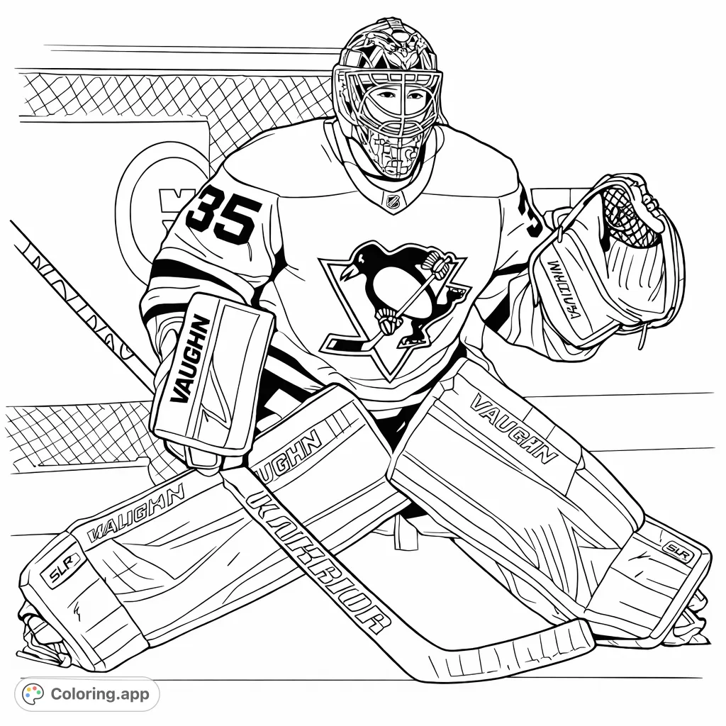 Dynamic hockey goalie in full gear, crouched and ready for action. Intricate uniform, detailed mask, and net background await your creative touch.