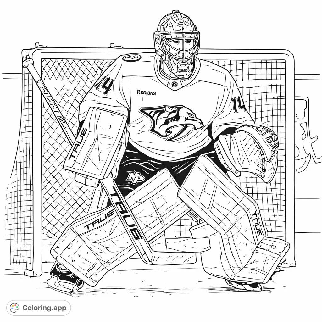 Dive into the action with this detailed hockey goalie coloring page, featuring intricate gear, a distinctive uniform, and a full goal net.