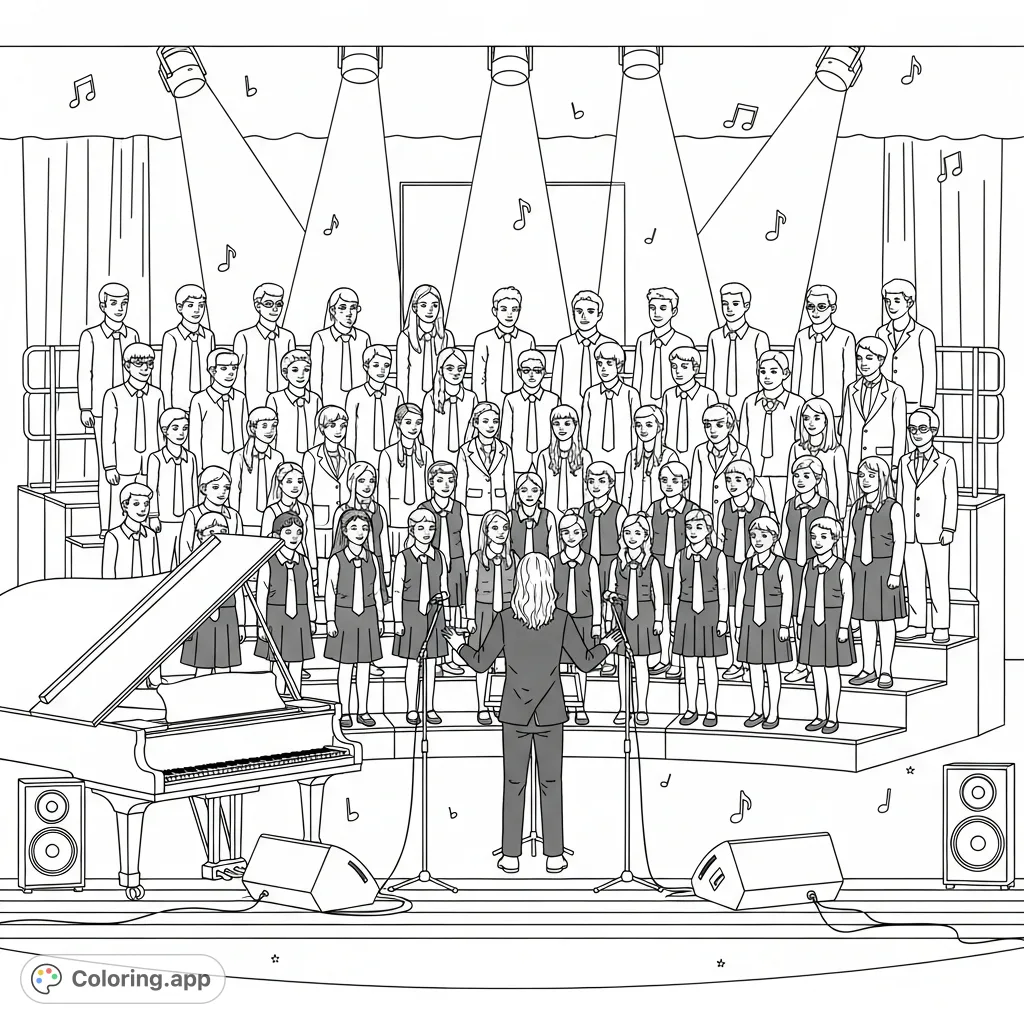 Capture the harmony and intensity of a youth choir performance on stage, featuring tiered risers, a grand piano, and focused singers.