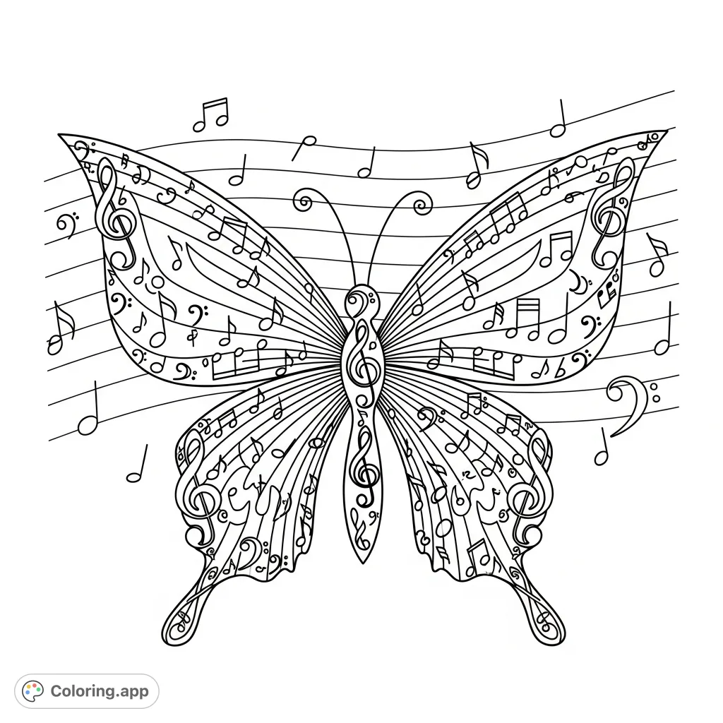 A unique butterfly design meticulously crafted from musical staves, notes, and clefs, offering a harmonious blend of nature and melody.