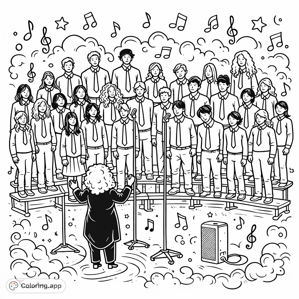 Join a cartoony choir on stage, led by their conductor, surrounded by whimsical music notes. A fun, free printable music coloring page for all ages.