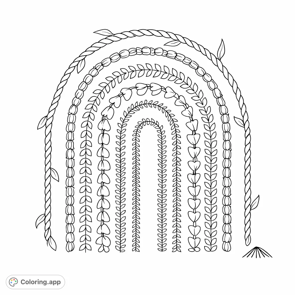 A beautiful floral arch coloring page, perfect for all ages, featuring intricate garlands of blossoms and vines arranged in a graceful rainbow shape.