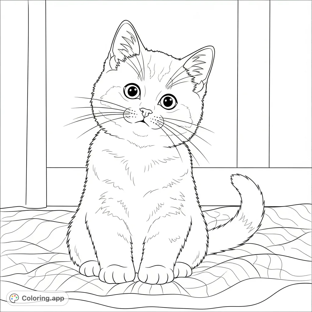 Discover this adorable fluffy kitten coloring page! Featuring a curious cat with big eyes on a soft blanket, perfect for a cozy and delightful coloring experience.