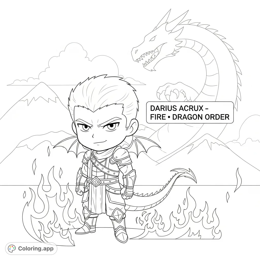 Unleash your creativity with this free printable Darius Acrux coloring page! A chibi character with dragon wings, fire, and mountain elements awaits your artistic touch.