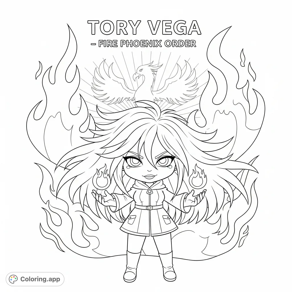 Unleash your creativity with this cute Tory Vega chibi kawaii coloring page, featuring her fire powers, phoenix motif, and flowing hair. Perfect for fans!