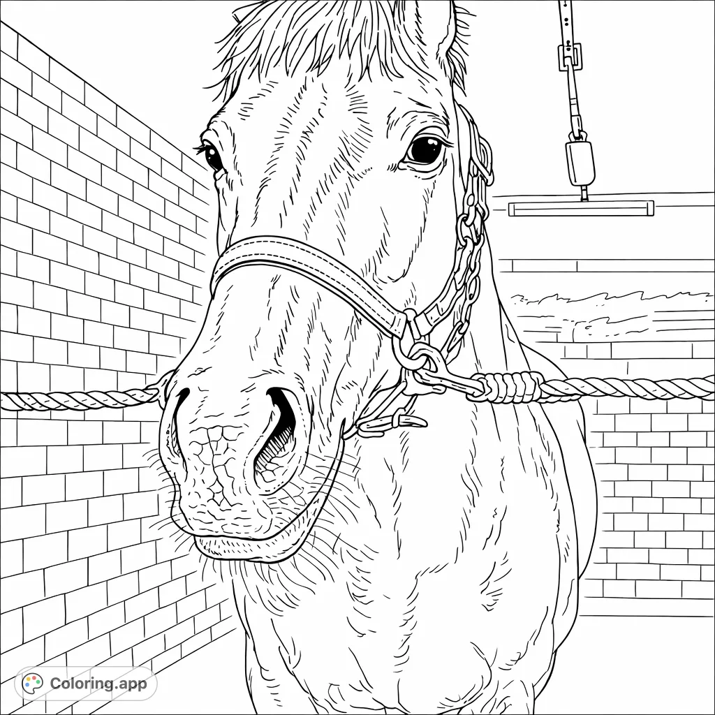 A detailed horse portrait featuring an expressive equine face with a bridle and rope in a stable setting with a brick wall. Perfect for animal lovers.