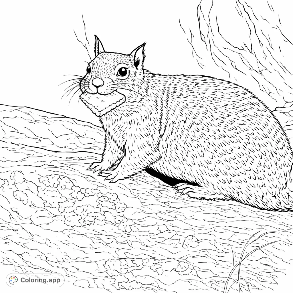 A delightful squirrel holds a tasty treat while perched on rugged rocks. This free printable squirrel coloring page offers charming details for nature lovers.
