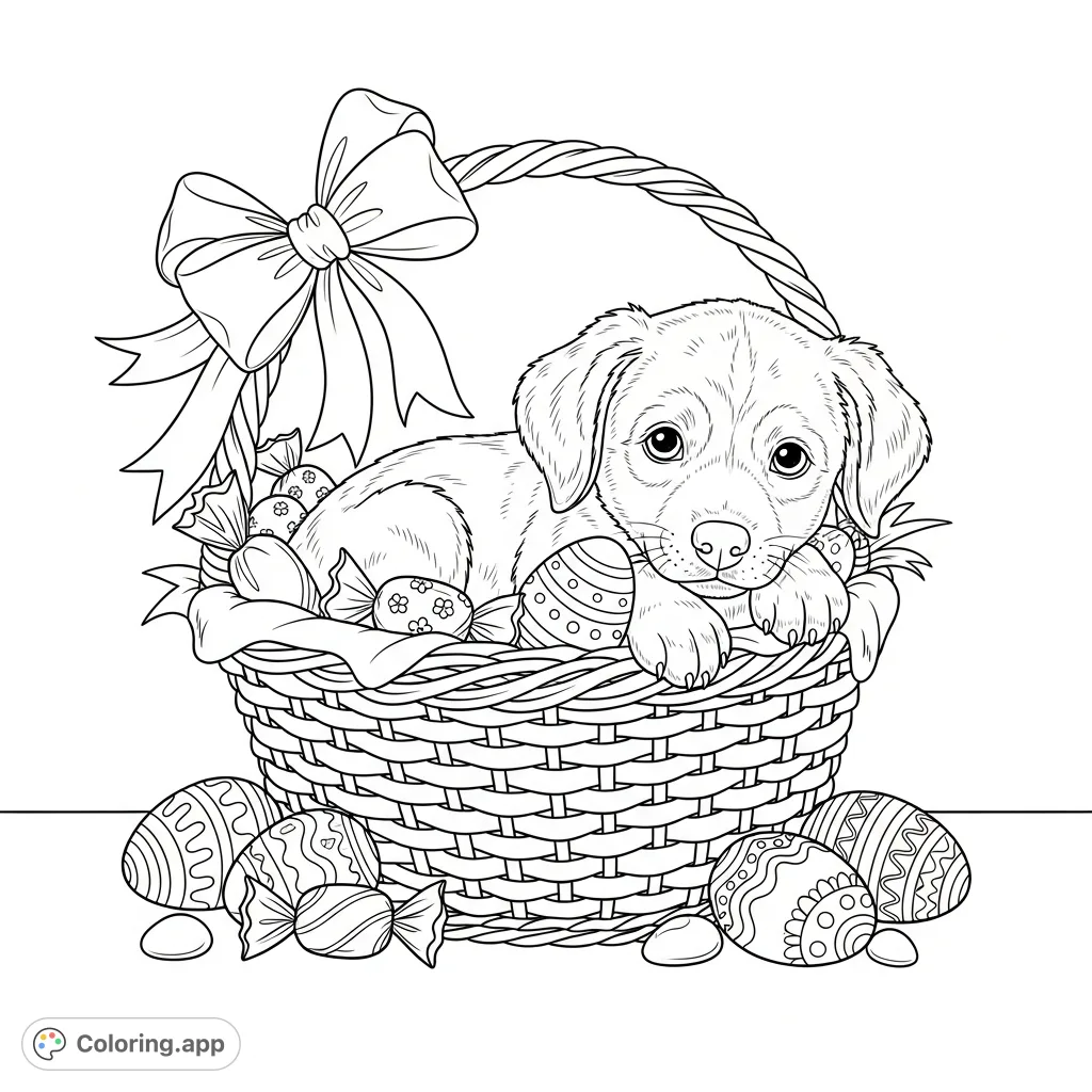 A charming, realistic puppy nestled in an Easter basket with a grand bow, surrounded by festive candy and decorated eggs, perfect for spring coloring.