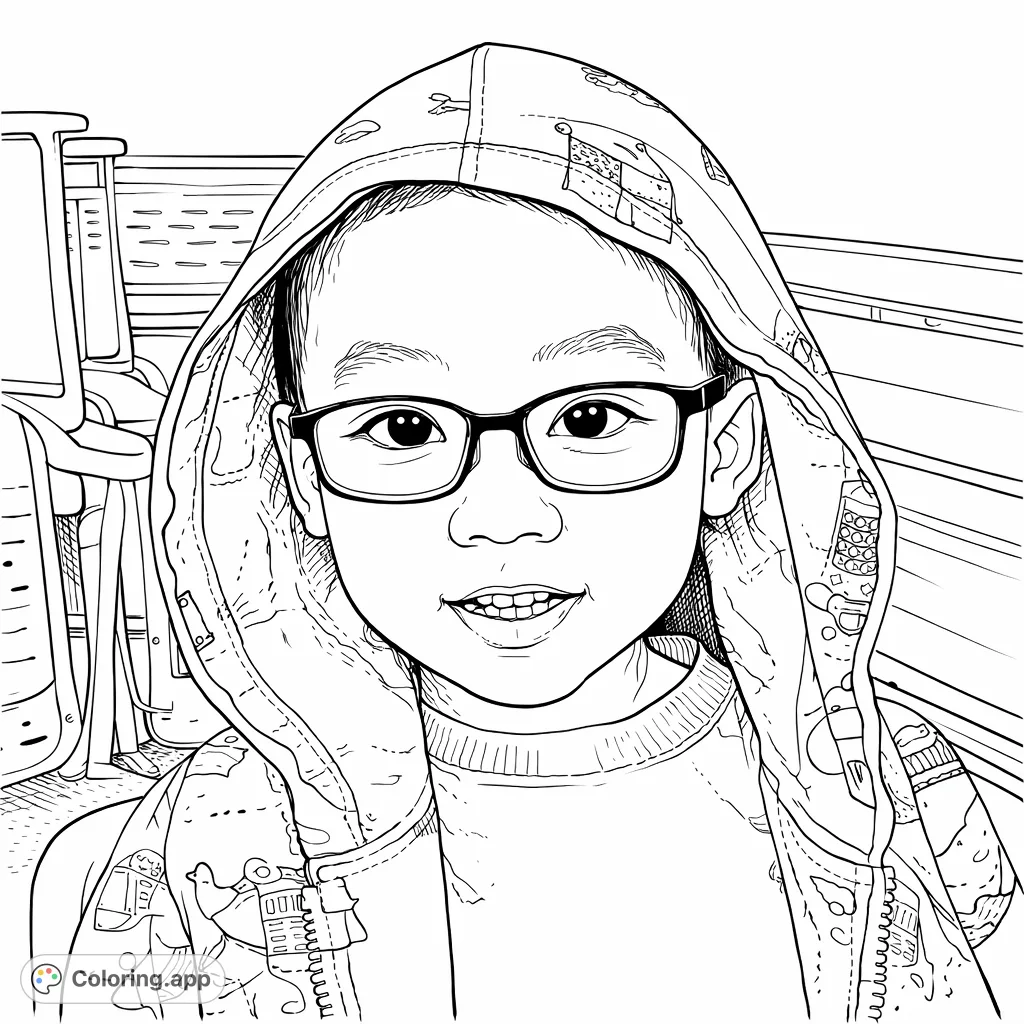 A delightful coloring page featuring a young child in glasses and a patterned hoodie, perfect for personalizing with your own creative flair.
