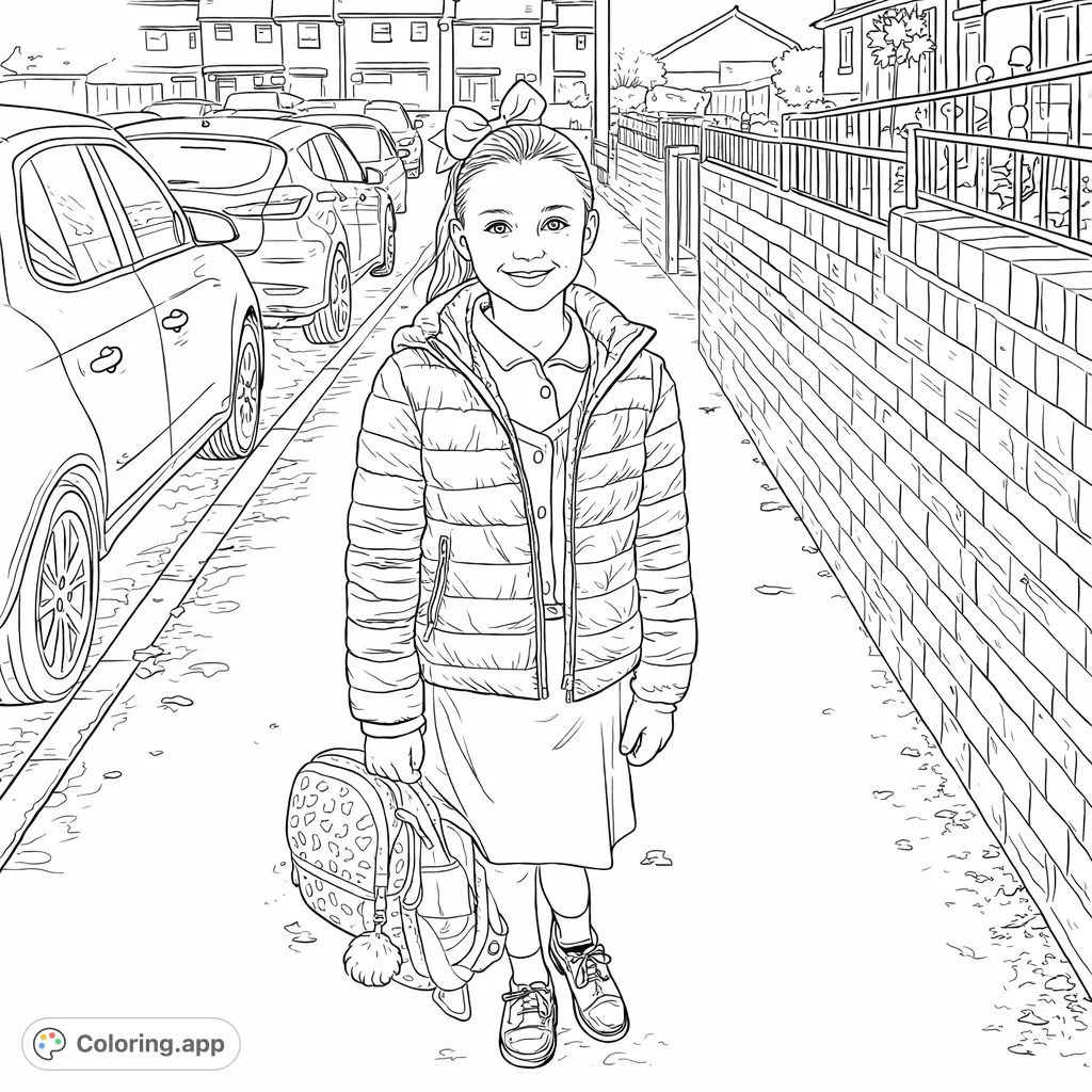 A cheerful girl with a patterned backpack stands on a sidewalk, ready for her day. Perfect for young colorists to personalize this everyday scene with creativity.