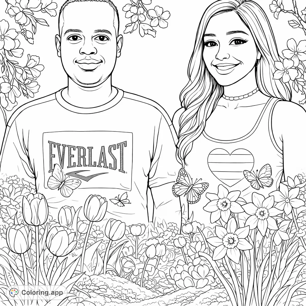 Capture the joy of a smiling couple surrounded by a vibrant spring garden, featuring diverse flowers, playful insects, and blossoming trees. Perfect for a refreshing coloring escape.