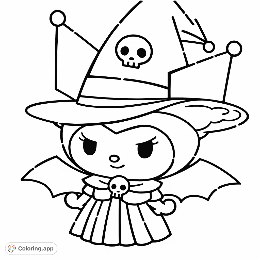 Color this adorable character dressed as a witch for a fun, spooky experience! Features a witch hat, bat wings, and skull emblems.