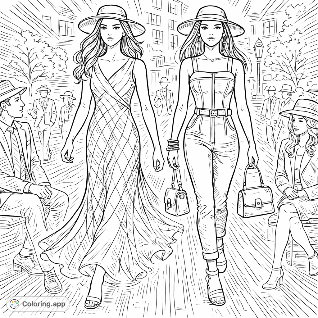 Step into the world of urban fashion with this dynamic coloring page featuring two stylish women on a city walk amidst a bustling crowd.