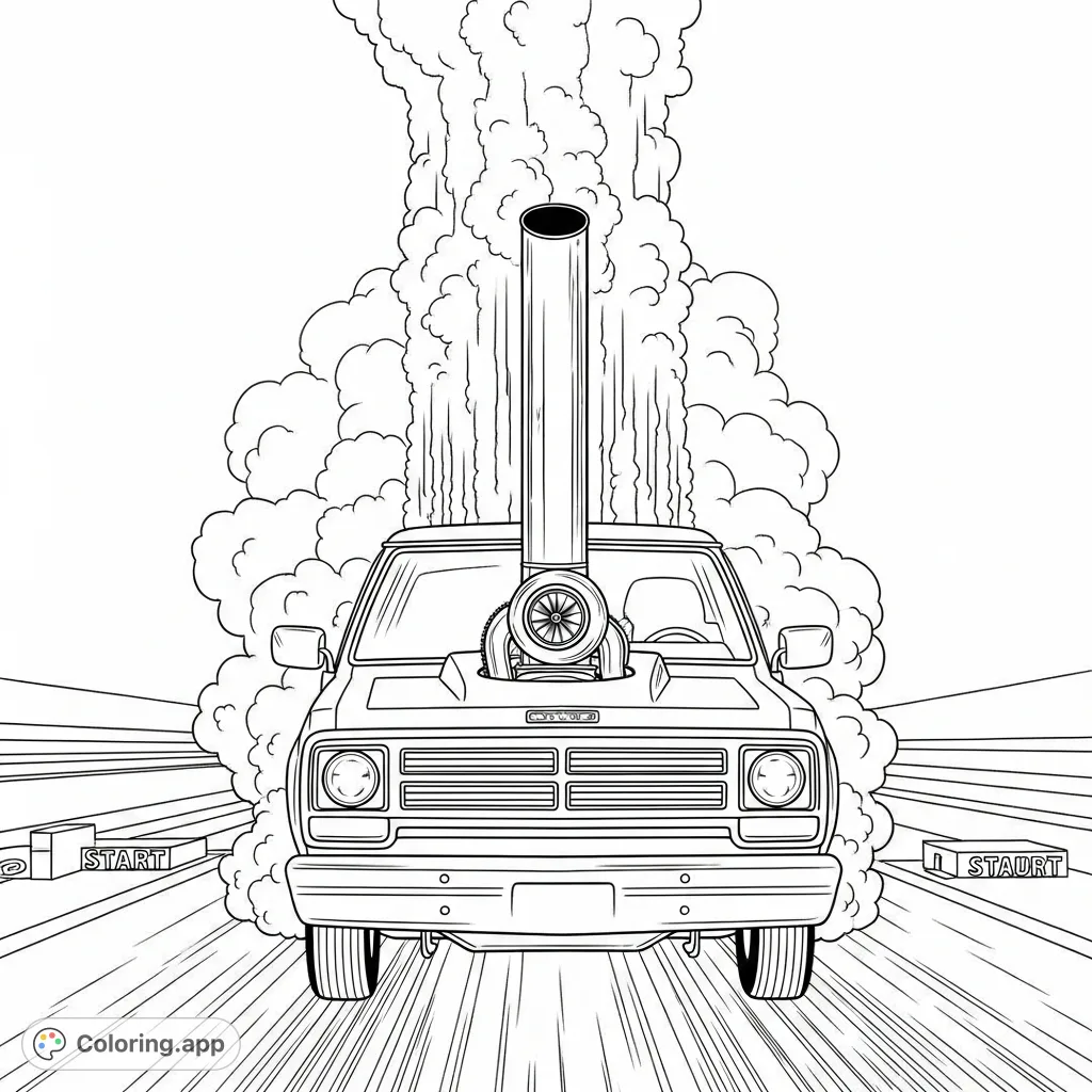 Unleash your creativity with this detailed truck drag coloring page featuring a 2nd gen Dodge, turbo, and hood stack at the starting line.