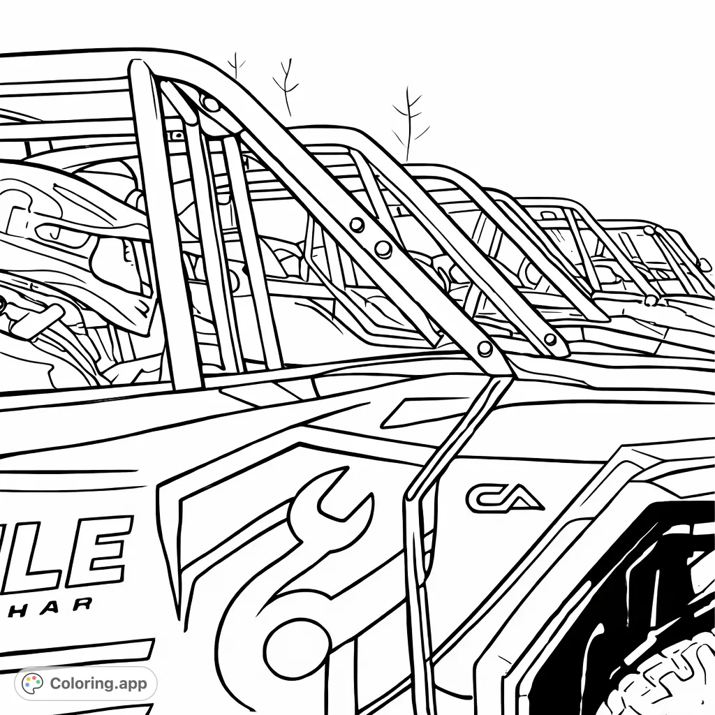 Unleash your creativity with this detailed off-road racing buggy coloring page! Features a powerful vehicle with a roll cage, driver, and dynamic graphics, set against an open terrain.