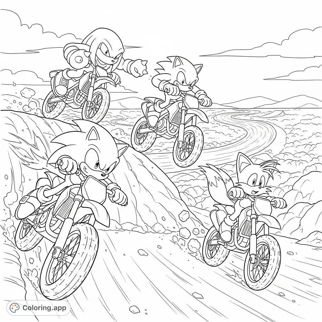 Join Sonic, Knuckles, and Tails on an epic motocross adventure! This action-packed page features high-speed racing, jumps, and flying dirt. A thrilling challenge for fans!
