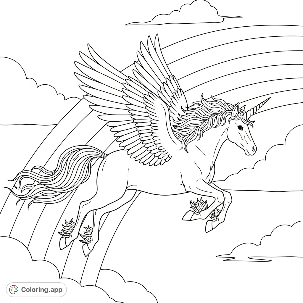 A majestic unicorn soars gracefully through a vibrant arched rainbow, its flowing mane trailing amidst soft clouds. A whimsical fantasy scene.