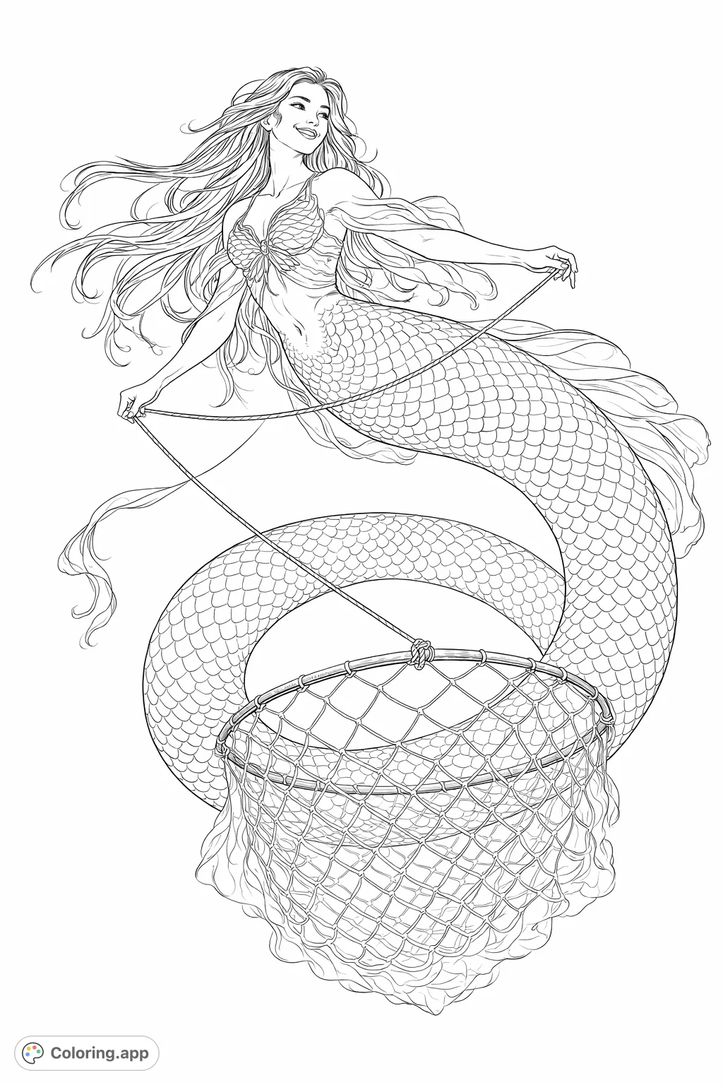 Dive into a mythical realm with this enchanting mermaid coloring page. Featuring a graceful mermaid with an intricately scaled tail and a magical dreamcatcher.