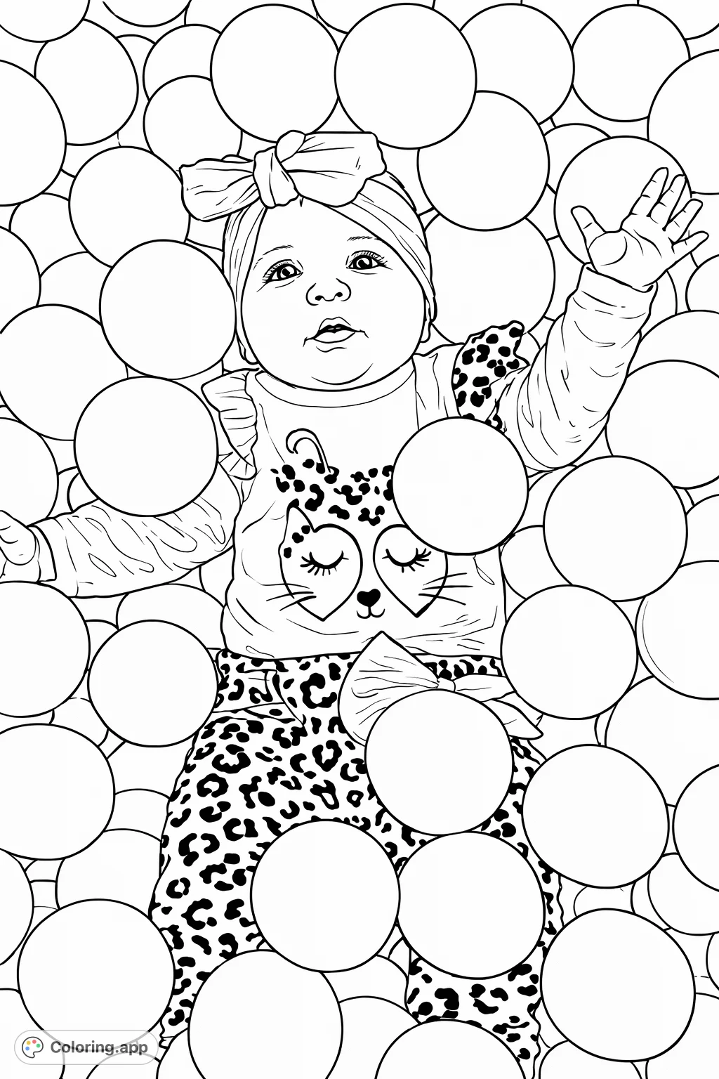 Adorable infant surrounded by a multitude of cheerful play balls. This delightful coloring page captures a moment of innocent fun, perfect for all ages.