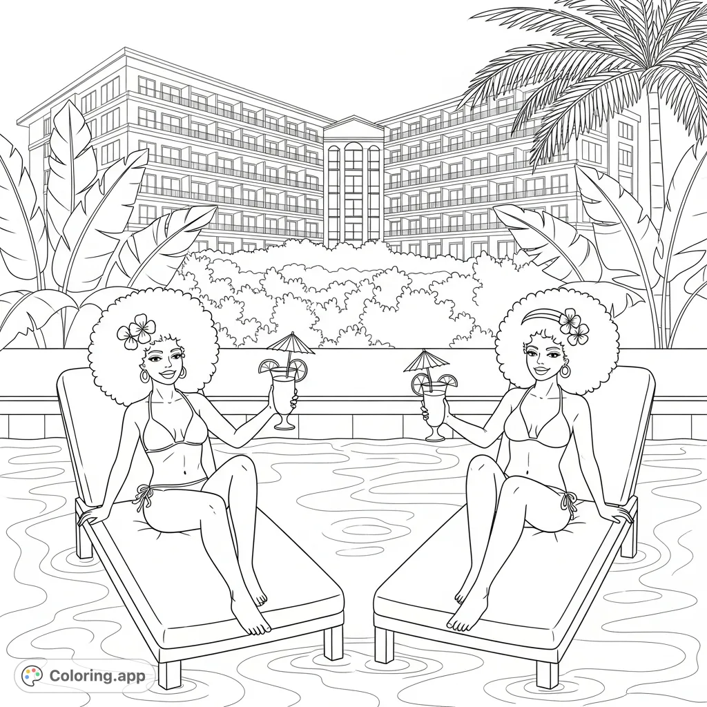 Relax poolside with this tropical resort coloring page featuring two girls with textured Afros lounging in bikinis, enjoying drinks by a rippling pool.